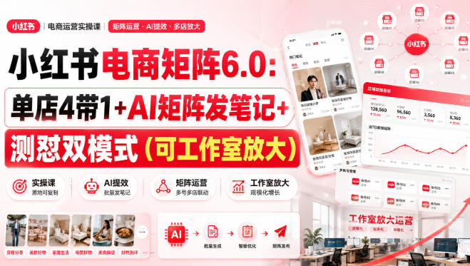 小红书电商矩阵6.0:单店4带1+AI矩阵发笔记+测怼双模式(可工作室放大)-来聚吧