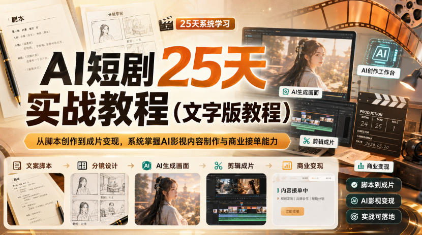 AI短剧25天实战教程(文字版教程),从脚本创作到成片变现,系统掌握AI影视内容制作与商业接单能力-来聚吧