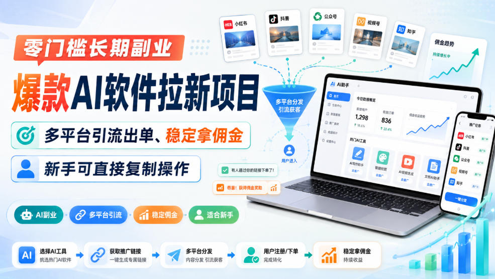 零门槛长期副业,爆款AI软件拉新项目,多平台引流出单、稳定拿佣金,新手可直接复制操作-来聚吧