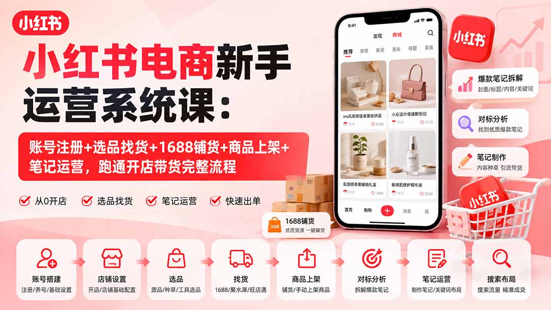小红书电商新手运营系统课:账号注册+选品找货+1688铺货+商品上架+笔记运营,跑通开店带货完整流程-来聚吧