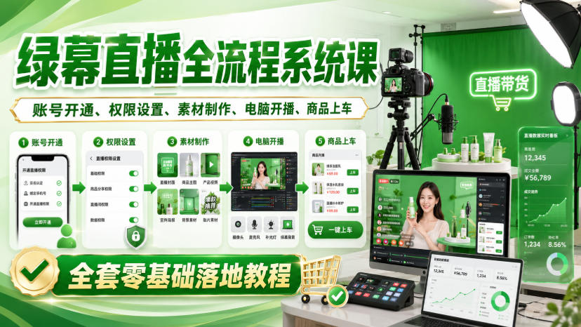 绿幕直播全流程系统课,账号开通、权限设置、素材制作、电脑开播、商品上车全套零基础落地教程-来聚吧