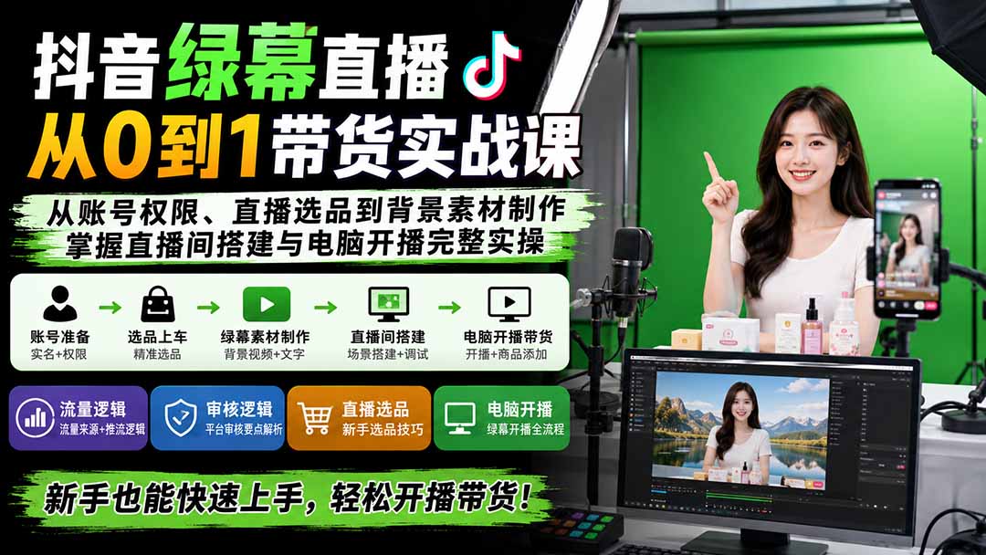 抖音绿幕直播从0到1带货实战课:从账号权限、直播选品到背景素材制作,掌握直播间搭建与电脑开播完整实操-来聚吧