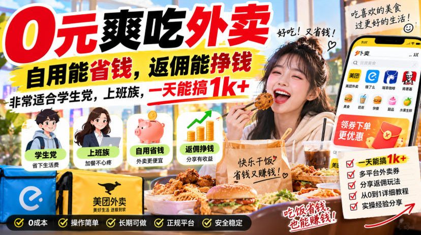 0元爽吃外卖,自用能省钱,返佣能挣钱,非常适合学生党,上班族,一天能搞1k+-来聚吧