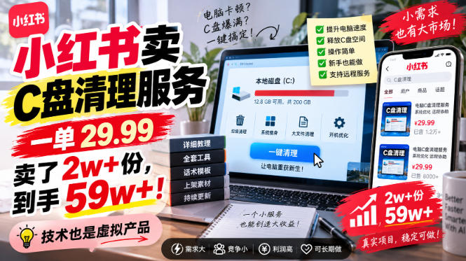 小红书卖C盘清理服务,一单29.99,卖了2w+份,技术也是虚拟产品-来聚吧