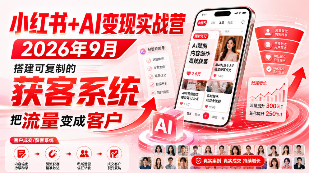 小红书+AI变现实战营2026年9月,搭建可复制的获客系统,把流量变成客户!-来聚吧