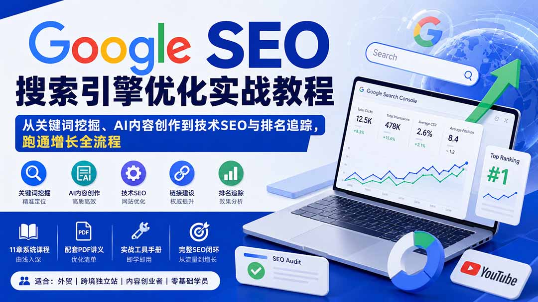 Google SEO搜索引擎优化实战教程:从关键词挖掘、AI内容创作到技术SEO与排名追踪,跑通增长全流程-来聚吧
