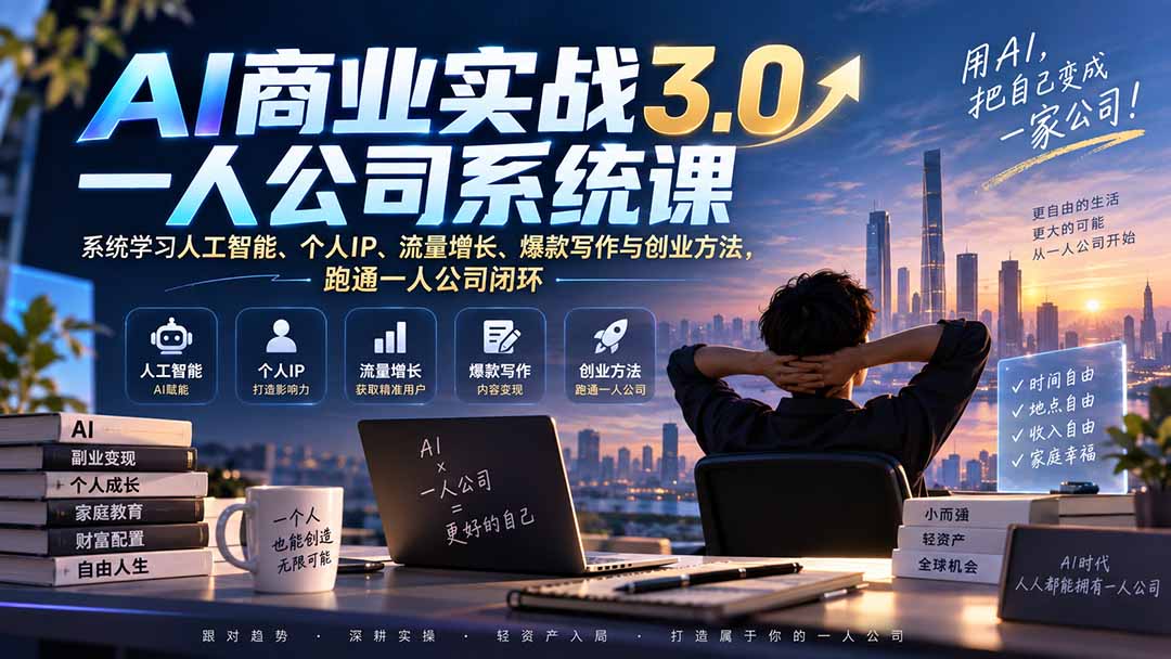 AI商业实战3.0一人公司系统课:系统学习人工智能、个人IP、流量增长、爆款写作与创业方法,跑通一人公司闭环-来聚吧