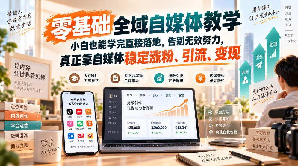 零基础全域自媒体教学,小白也能学完直接落地,告别无效努力,真正靠自媒体稳定涨粉、引流、变现-来聚吧