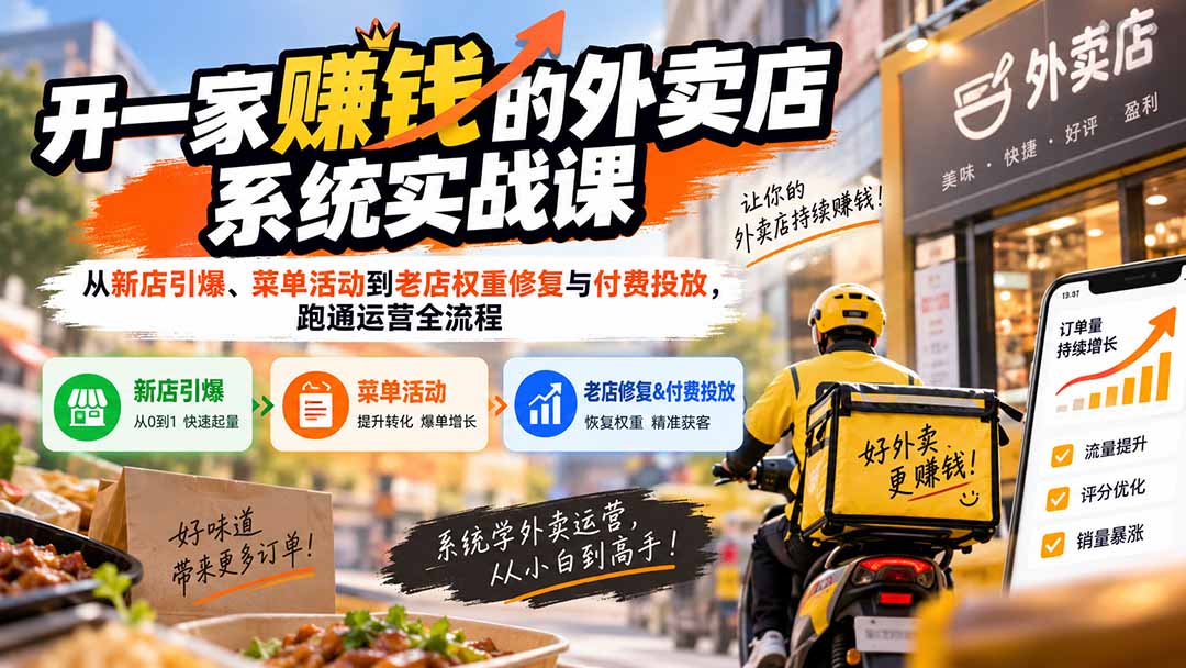 开一家赚钱的外卖店系统实战课:从新店引爆、菜单活动到老店权重修复与付费投放,跑通运营全流程-来聚吧