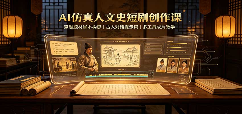 AI仿真人文史短剧创作课：穿越题材脚本构思，古人对话提示词，多工具成片教学-来聚吧