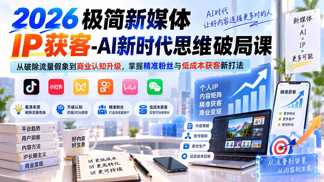 2026极简新媒体IP获客-AI新时代思维破局课:从破除流量假象到商业认知升级,掌握精准粉丝与低成本获客新打法-来聚吧