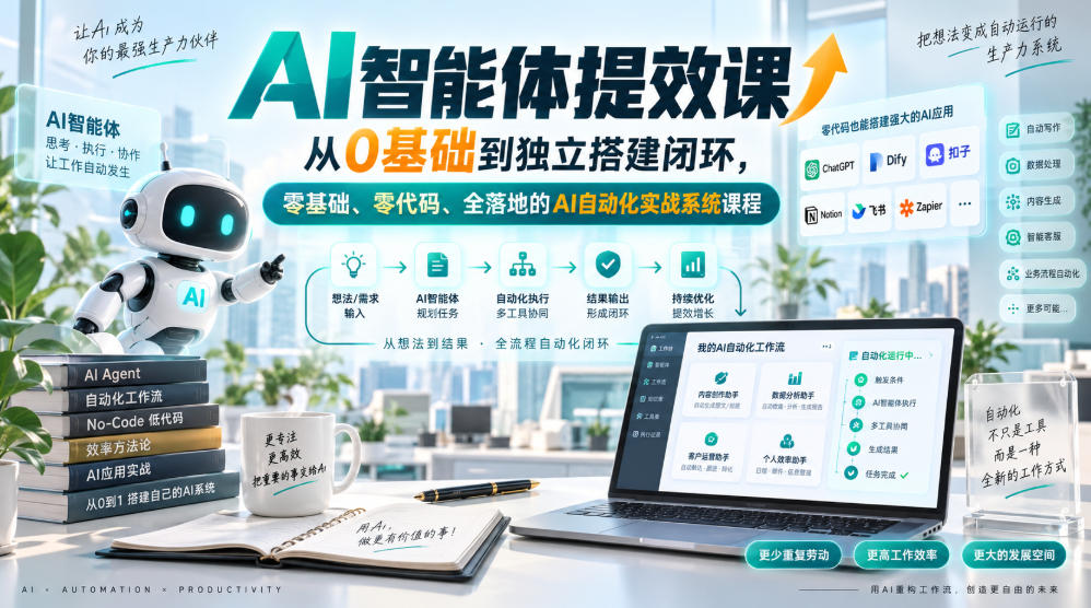 AI智能体提效课,从0基础到独立搭建闭环,零基础、零代码、全落地的AI自动化实战系统课程-来聚吧