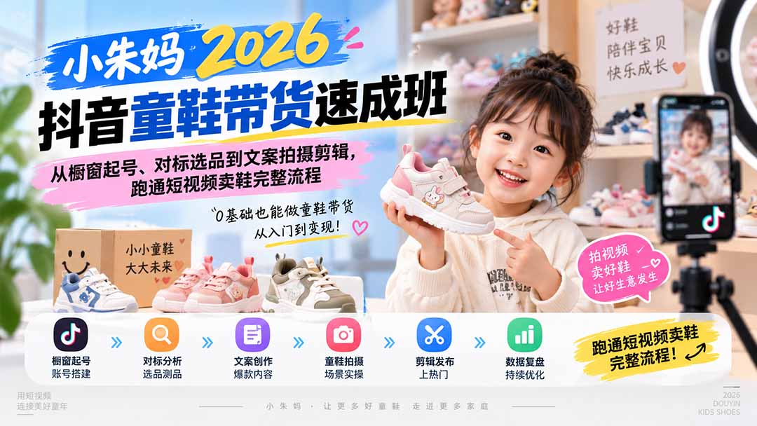 小朱妈2026抖音童鞋带货速成班:从橱窗起号、对标选品到文案拍摄剪辑,跑通短视频卖鞋完整流程-来聚吧