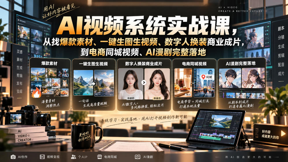 AI视频系统实战课,从找爆款素材、一键生图生视频、数字人换装商业成片,到电商同城视频、AI漫剧完整落地-来聚吧