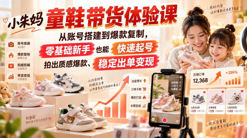 小朱妈童鞋带货体验课,从账号搭建到爆款复制,零基础新手也能快速起号、拍出质感爆款、稳定出单变现-来聚吧