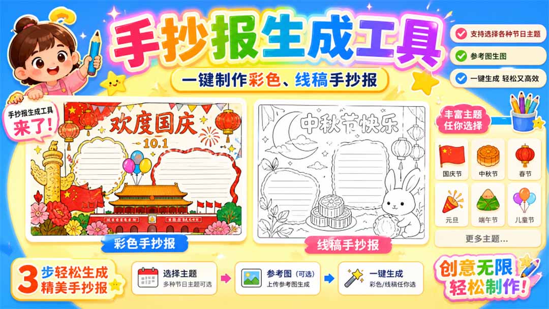 手抄报批量生成工具来了,完全免费,告别豆包生图,这个高清无水印-来聚吧