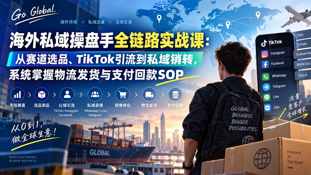 海外私域操盘手全链路实战课:从赛道选品、TikTok引流到私域销转,系统掌握物流发货与支付回款SOP-来聚吧