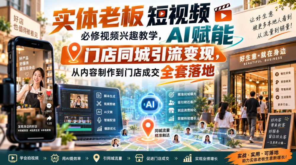实体老板短视频必修视频兴趣教学,AI赋能门店同城引流变现,AI+短视频+直播打爆实体客流量-来聚吧
