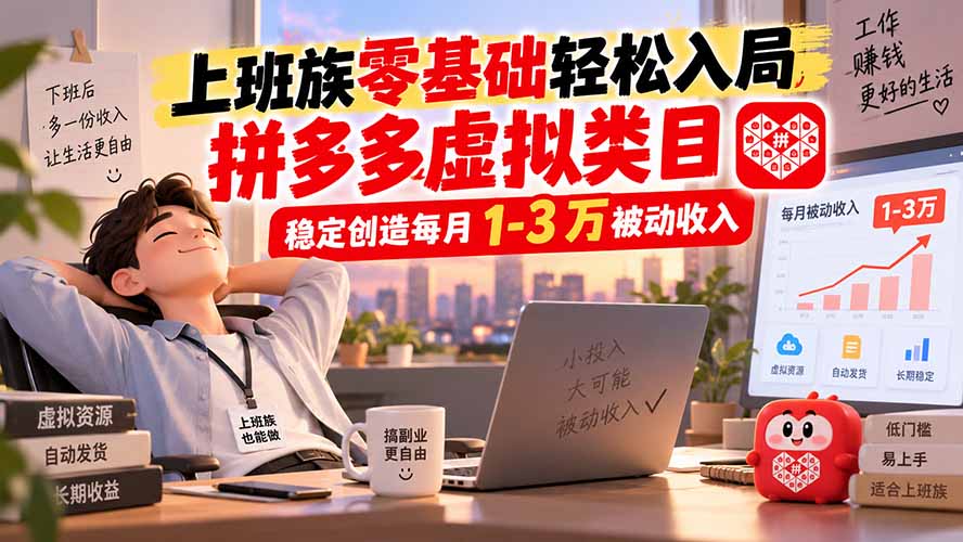 上班族零基础轻松入局，拼多多虚拟类目，稳定创造每月 1-3 万被动收入-来聚吧