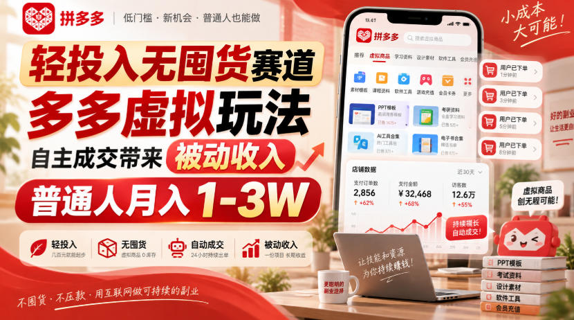 轻投入无囤货赛道,多多虚拟玩法自主成交带来被动收入,普通人月入1-3W-来聚吧