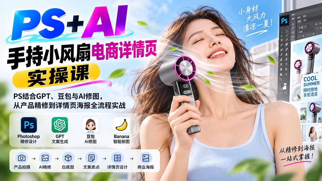 PS+AI手持小风扇电商详情页实操课:PS结合GPT、豆包与AI修图,从产品精修到详情页海报全流程实战-来聚吧