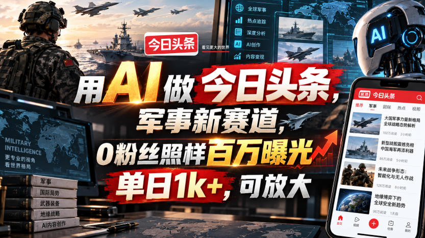 用AI做今日头条,军事新赛道,0粉丝照样百万曝光,单日1k+,可放大-来聚吧