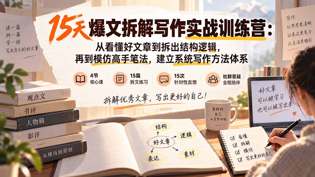 15天爆文拆解写作实战训练营:从看懂好文章到拆出结构逻辑,再到模仿高手笔法,建立系统写作方法体系-来聚吧