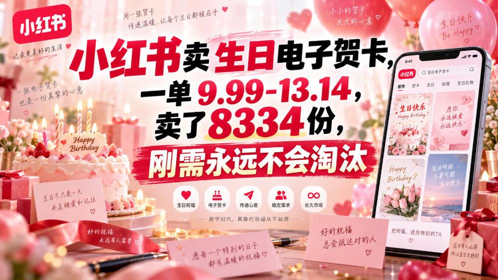 小红书卖生日电子贺卡,一单9.99-13.14,卖了8334份,刚需永远不会淘汰-来聚吧