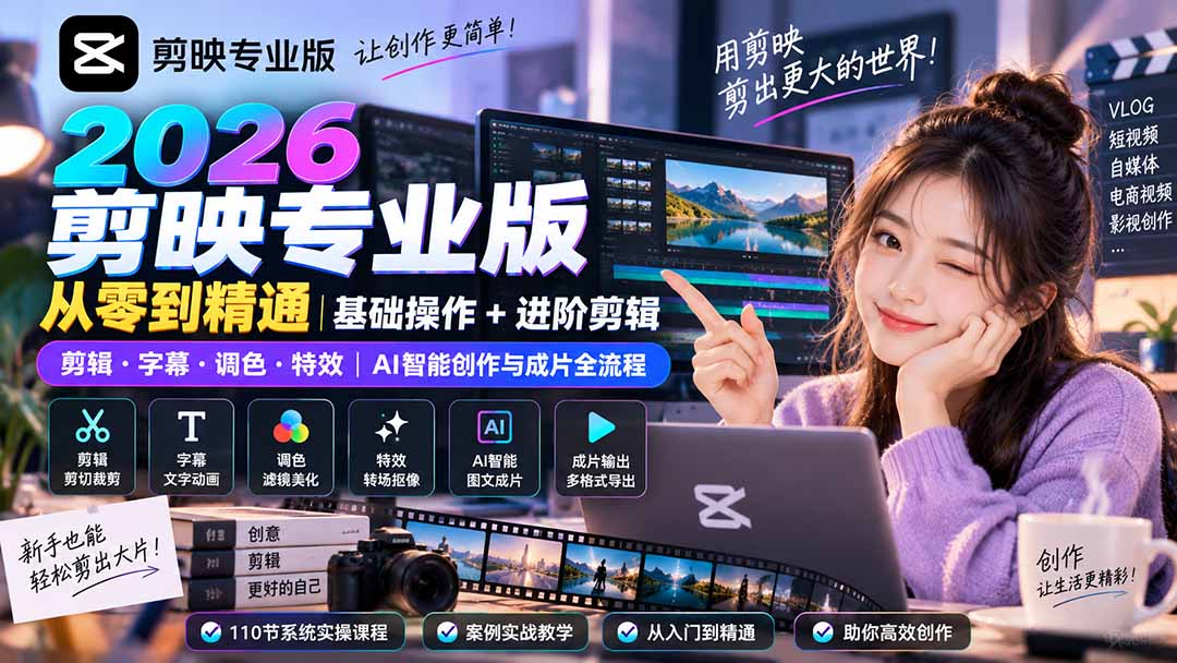 2026剪映专业版从零到精通｜基础操作+进阶剪辑｜剪辑·字幕·调色·特效｜AI智能创作与成片全流程-来聚吧
