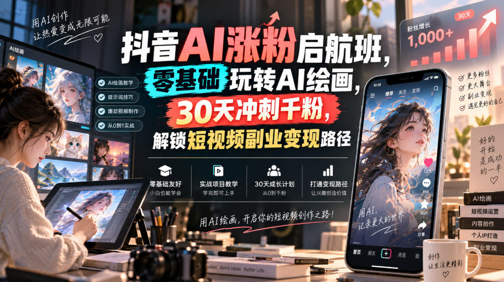 抖音AI涨粉启航班,零基础玩转AI绘画,30天冲刺千粉,解锁短视频副业变现路径-来聚吧
