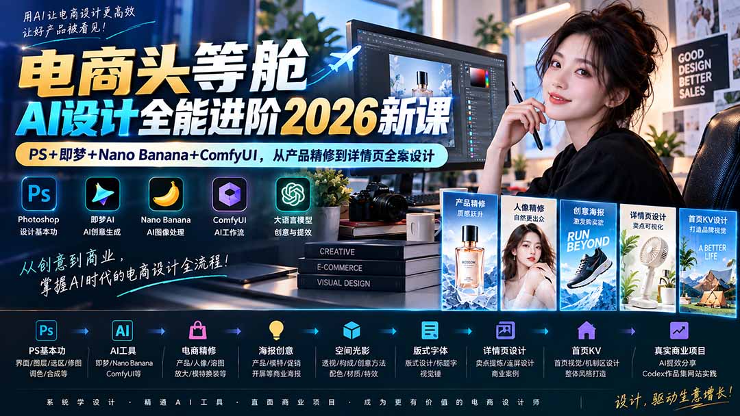 电商头等舱AI设计全能进阶2026新课：PS+即梦+Nano Banana+ComfyUI，从产品精修到详情页全案设计-来聚吧