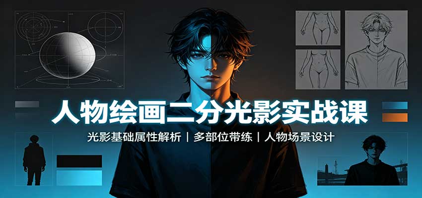 人物绘画二分光影实战课：光影基础属性解析，多部位带练，人物场景设计-来聚吧
