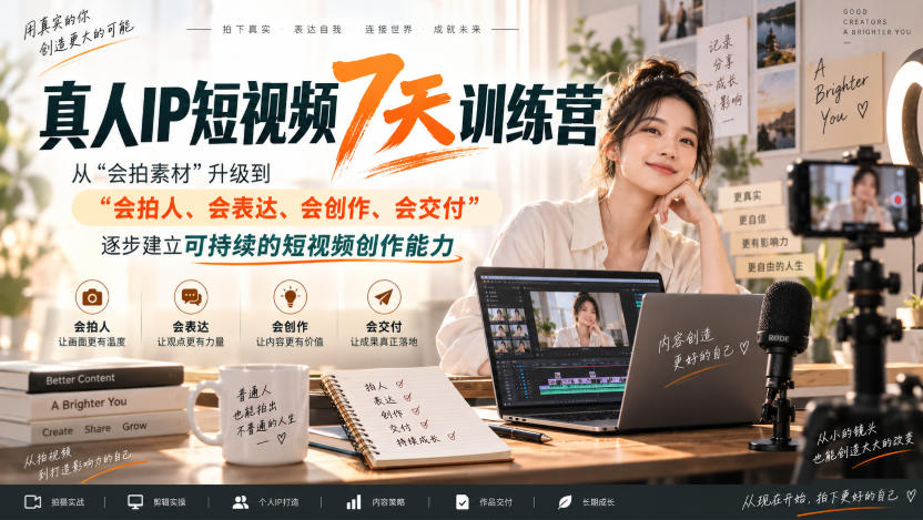 真人IP短视频7天训练营，从“会拍素材”升级到“会拍人、会表达、会创作、会交付”，逐步建立可持续的短视频创作能力-来聚吧