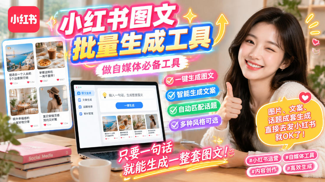 小红书图文批量生成工具,话题、文案、配图一键生成,直接发布,做自媒体必备工具-来聚吧
