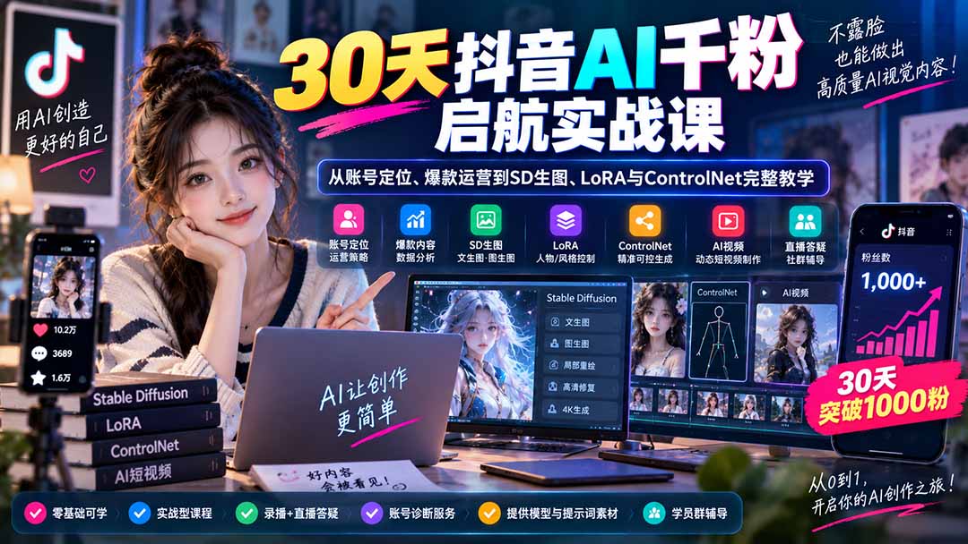 30天抖音AI千粉启航实战课：从账号定位、爆款运营到SD生图、LoRA与ControlNet完整教学-来聚吧
