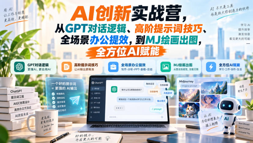 AI创新实战营,从GPT对话逻辑、高阶提示词技巧、全场景办公提效,到MJ绘画出图,全方位AI赋能-来聚吧