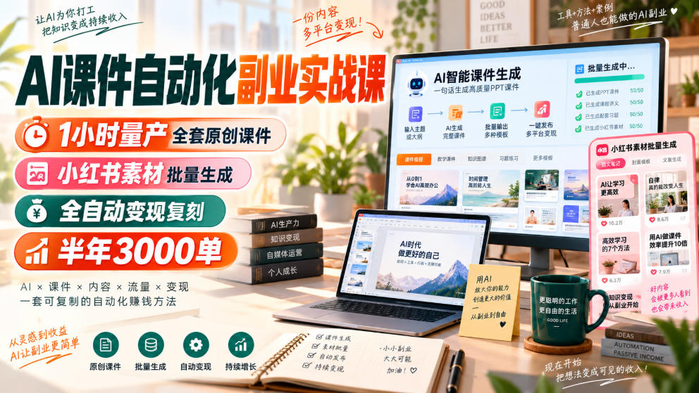 AI课件自动化副业实战课,1小时量产全套原创课件,小红书素材批量生成,全自动变现复刻,半年3000单-来聚吧