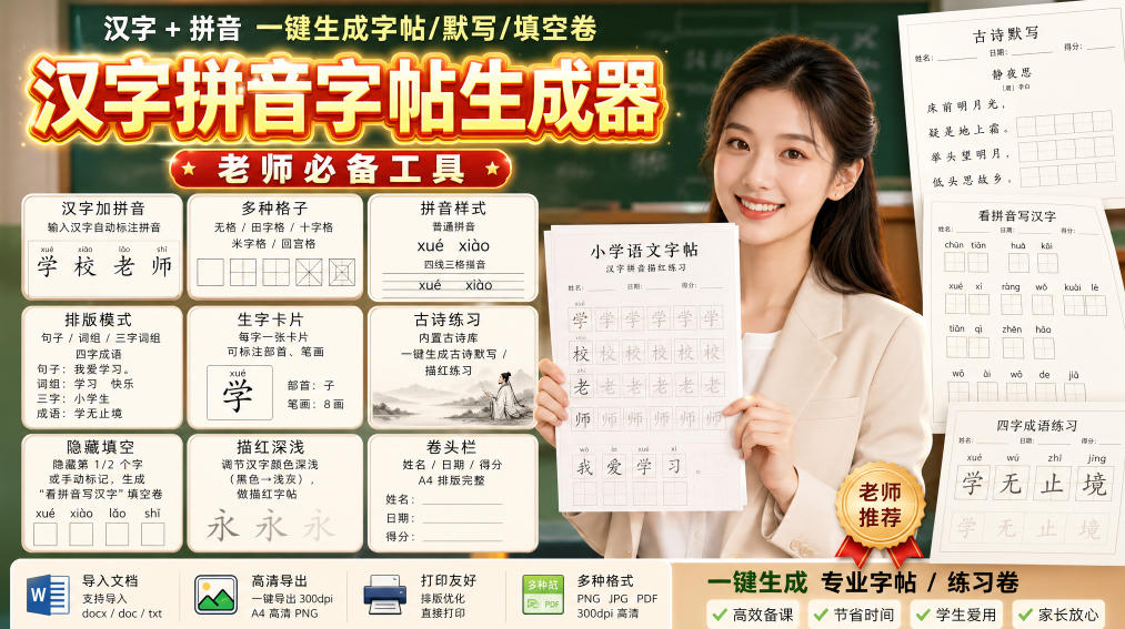 学习神器,汉字拼音字帖生成器,汉字+拼音 一键生成字帖/默写/填空卷,支持词组、成语,老师、家长必备-来聚吧