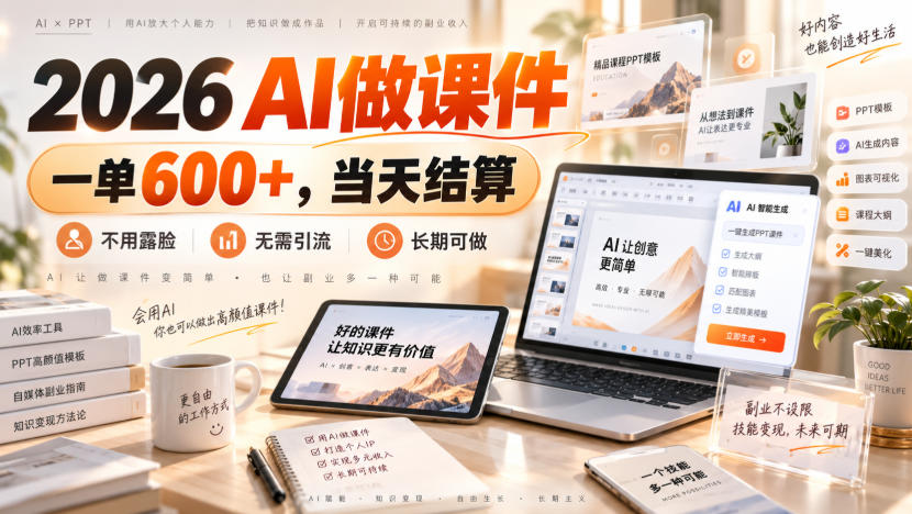 2026 AI做课件,一单600+,当天结算,不用露脸,无需引流,长期可做【揭秘】-来聚吧