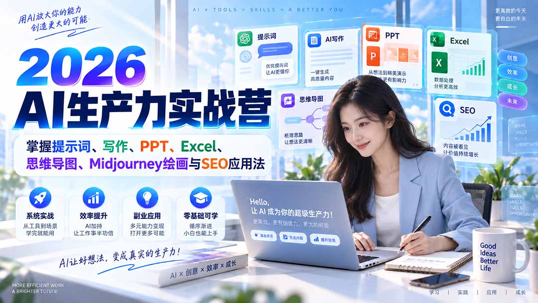2026AI生产力实战营：掌握提示词、写作、PPT、Excel、思维导图、Midjourney绘画与SEO应用法-来聚吧