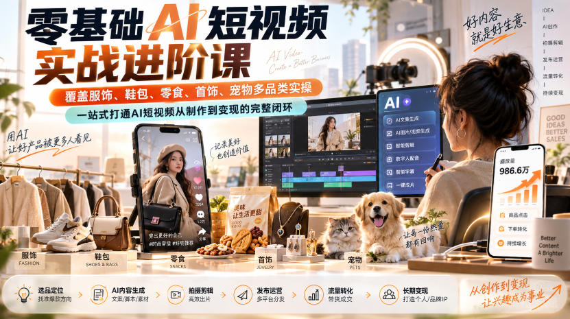 零基础AI短视频实战进阶课,覆盖服饰、鞋包、零食、首饰、宠物多品类实操,一站式打通AI短视频从制作到变现的完整闭环-来聚吧