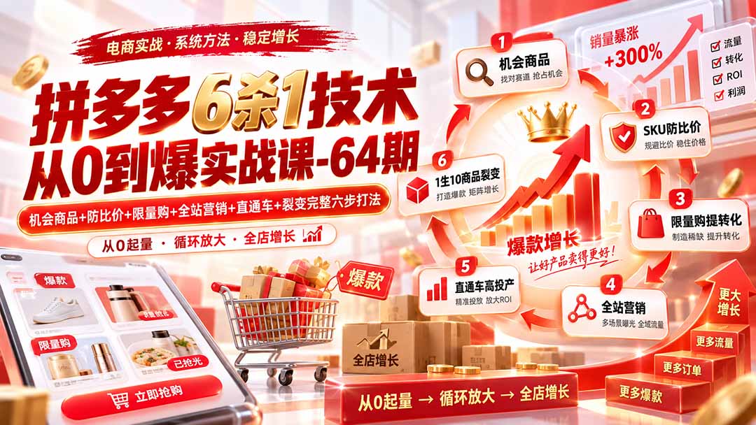 拼多多6杀1技术从0到爆实战课-64期：机会商品+防比价+限量购+全站营销+直通车+裂变完整六步打法-来聚吧