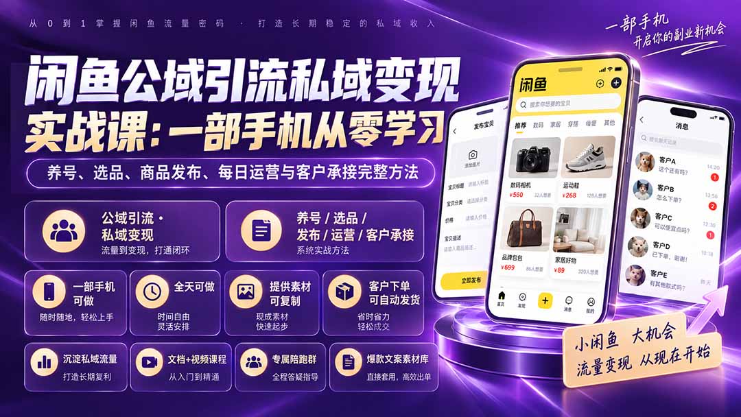 闲鱼公域引流私域变现实战课：一部手机从零学习养号、选品、商品发布、每日运营与客户承接完整方法-来聚吧