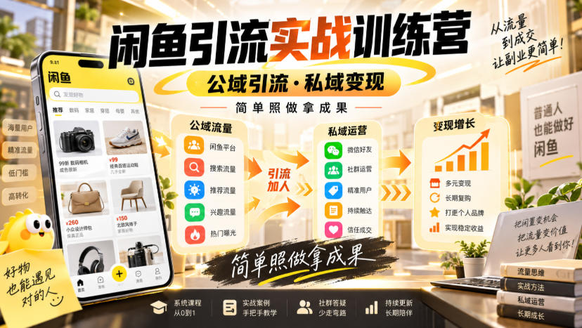 闲鱼引流实战训练营,公域引流·私域变现,简单照做拿成果-来聚吧