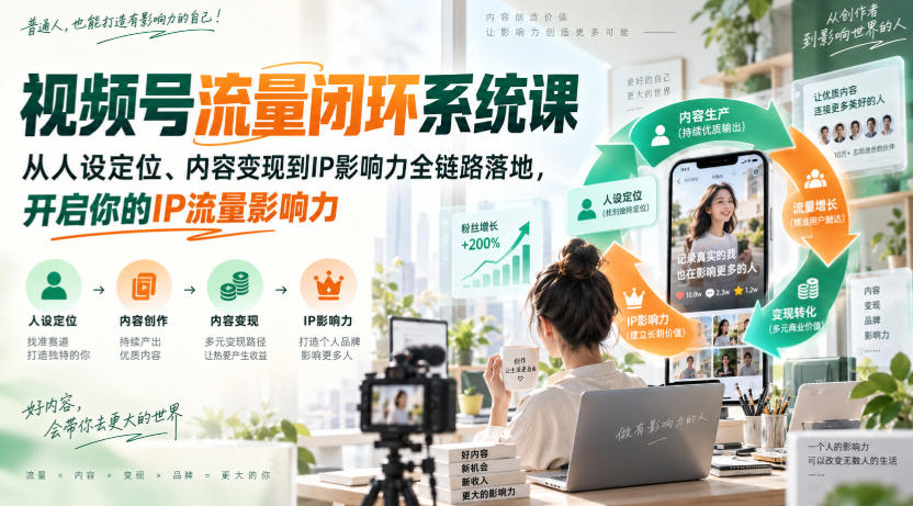 视频号流量闭环系统课,从人设定位、内容变现到IP影响力全链路落地,开启你的IP流量影响力-来聚吧