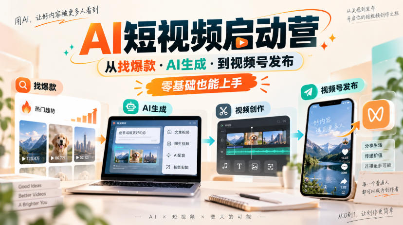 AI短视频启动营,从找爆款·AI生成·到视频号发布,零基础也能上手-来聚吧
