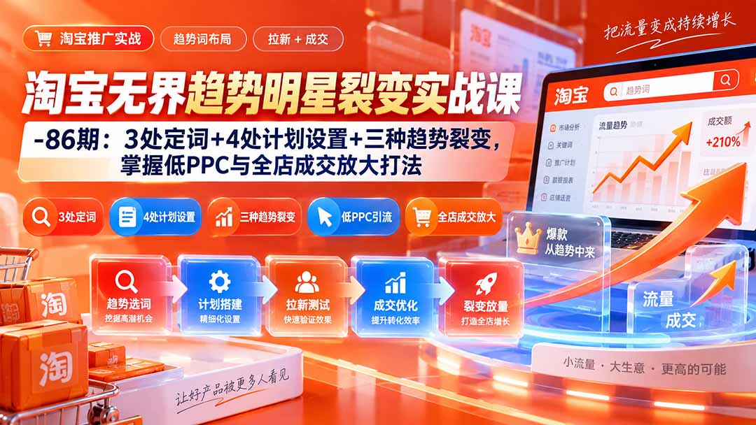 淘宝无界趋势明星裂变实战课-86期：3处定词+4处计划设置+三种趋势裂变，掌握低PPC与全店成交放大打法-来聚吧