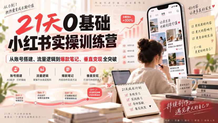 21天0基础小红书实操训练营｜从账号搭建、流量逻辑到爆款笔记、垂直变现全突破-来聚吧