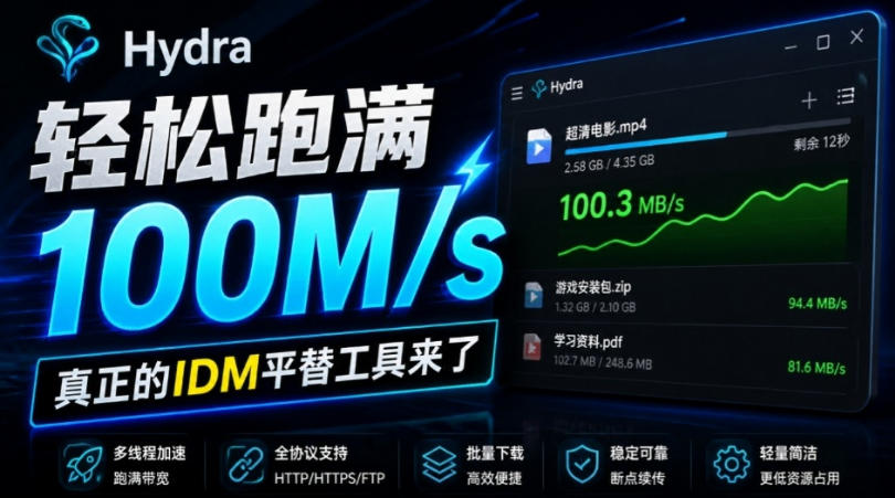轻松跑满100M/s，真正的IDM平替工具来了，开源多线程器，支持浏览器拓展，一键智能加速Hydra Download Manager-来聚吧