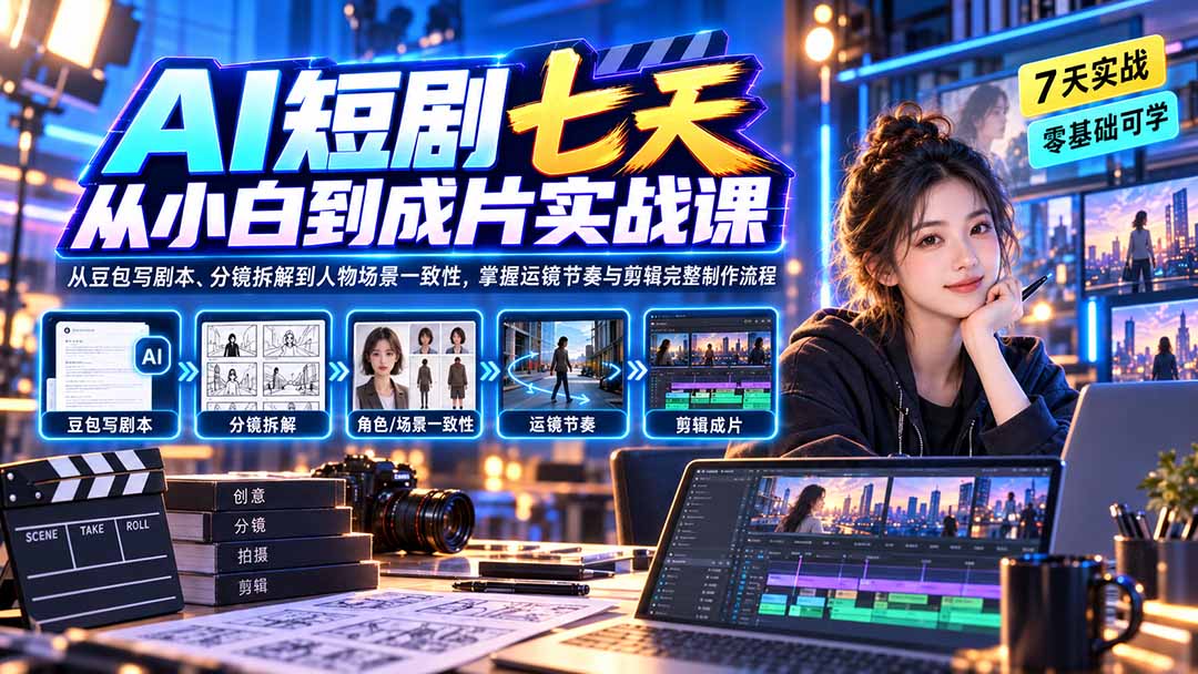 AI短剧七天从小白到成片实战课:从豆包写剧本、分镜拆解到人物场景一致性,掌握运镜节奏与剪辑完整制作流程-来聚吧
